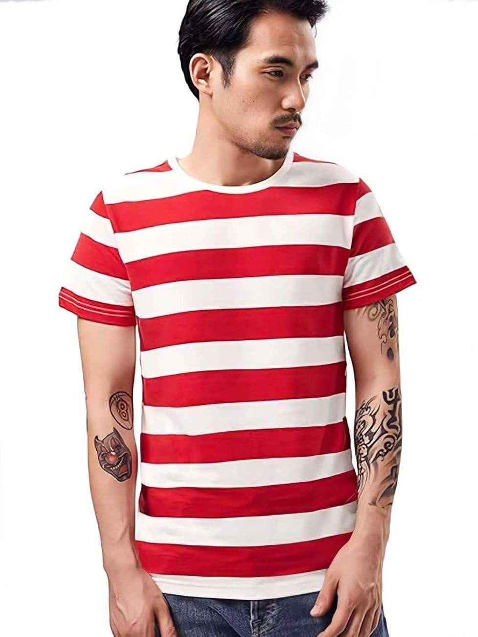 Wide Striped T Shirt for Men Sailor Tee Red White Black Navy Stripes Top Basic - Image 3