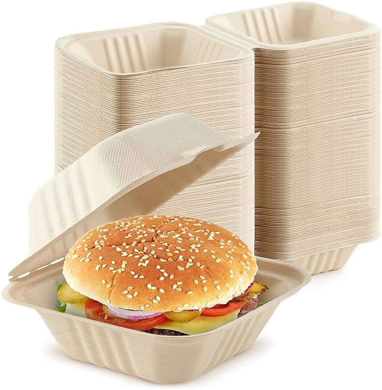 Clamshell Take Out Food Containers 6" x 6” (50 Pack) 1-Compartment, Disposable To Go Container, Togo Boxes With Lids, Trays for Lunch, Dinner, Meal-Prep, Eco Friendly, Compostable, Biodegradable - Image 1