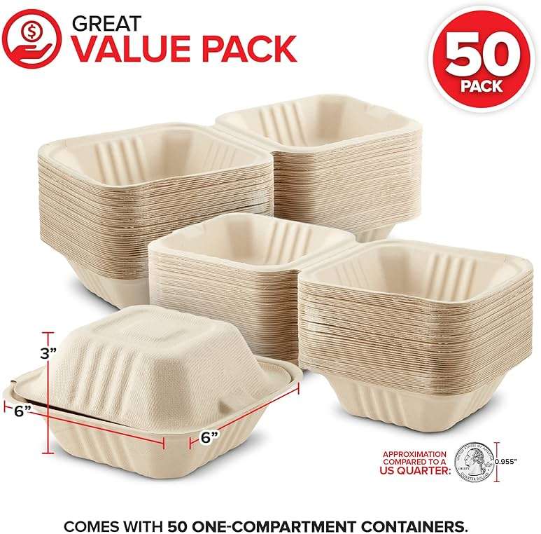 Clamshell Take Out Food Containers 6" x 6” (50 Pack) 1-Compartment, Disposable To Go Container, Togo Boxes With Lids, Trays for Lunch, Dinner, Meal-Prep, Eco Friendly, Compostable, Biodegradable - Image 2