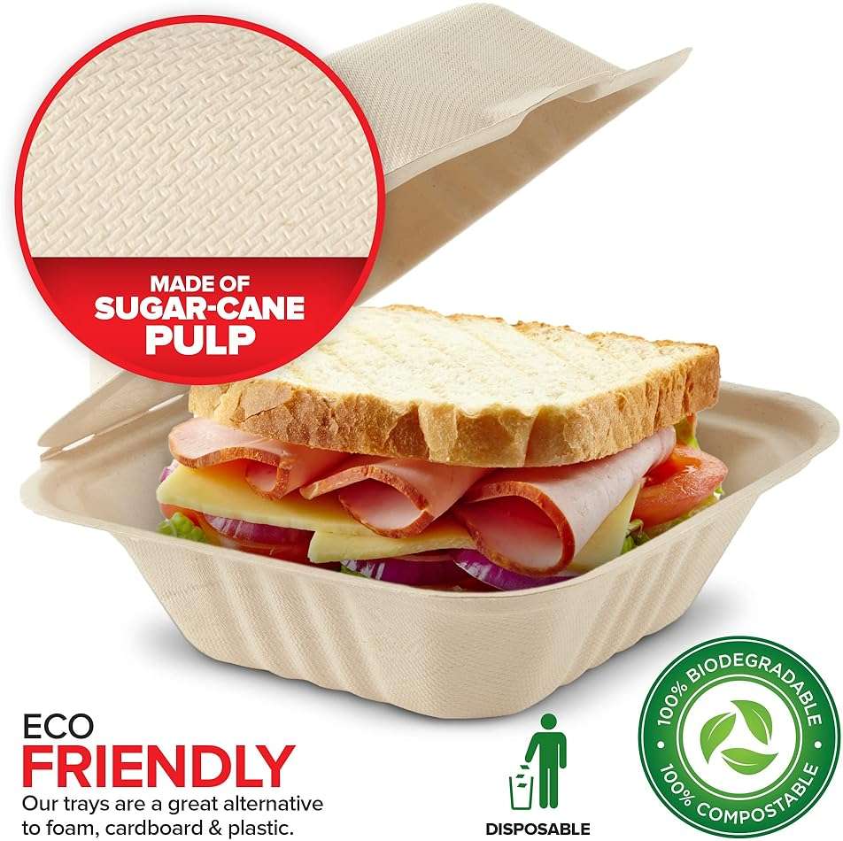 Clamshell Take Out Food Containers 6" x 6” (50 Pack) 1-Compartment, Disposable To Go Container, Togo Boxes With Lids, Trays for Lunch, Dinner, Meal-Prep, Eco Friendly, Compostable, Biodegradable - Image 3