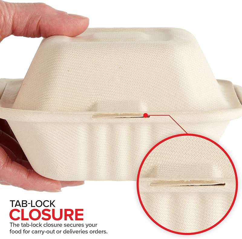 Clamshell Take Out Food Containers 6" x 6” (50 Pack) 1-Compartment, Disposable To Go Container, Togo Boxes With Lids, Trays for Lunch, Dinner, Meal-Prep, Eco Friendly, Compostable, Biodegradable - Image 4