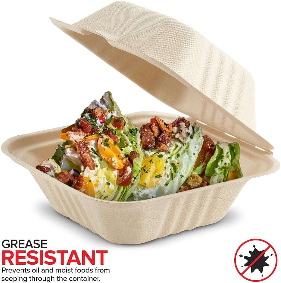 Clamshell Take Out Food Containers 6" x 6” (50 Pack) 1-Compartment, Disposable To Go Container, Togo Boxes With Lids, Trays for Lunch, Dinner, Meal-Prep, Eco Friendly, Compostable, Biodegradable - Image 5