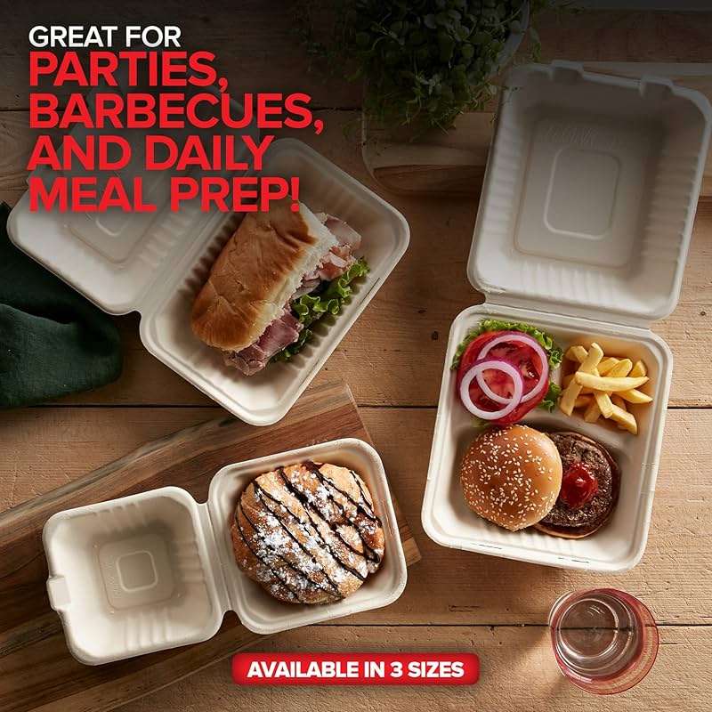 Clamshell Take Out Food Containers 6" x 6” (50 Pack) 1-Compartment, Disposable To Go Container, Togo Boxes With Lids, Trays for Lunch, Dinner, Meal-Prep, Eco Friendly, Compostable, Biodegradable - Image 7