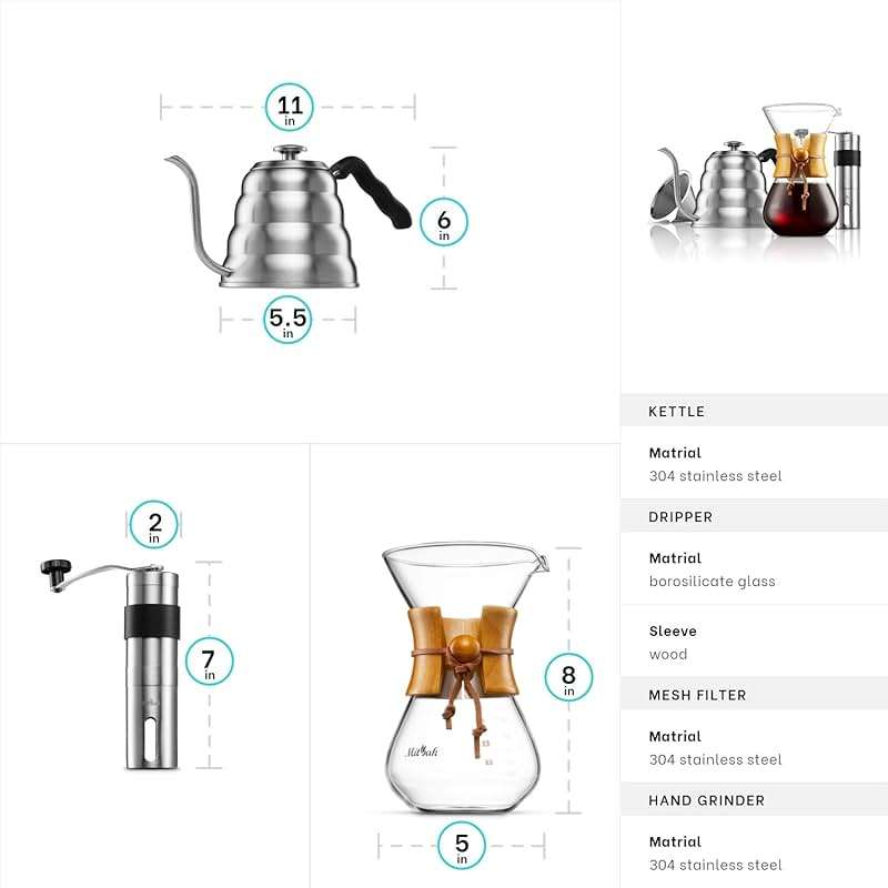 MITBAK Pour Over Coffee Maker Set | Kit Includes 40 OZ Gooseneck Kettle with Thermometer, Coffee Mill Grinder & 20 OZ Coffee Dripper Brewer | Great Replacement for Coffee Machines - Image 3