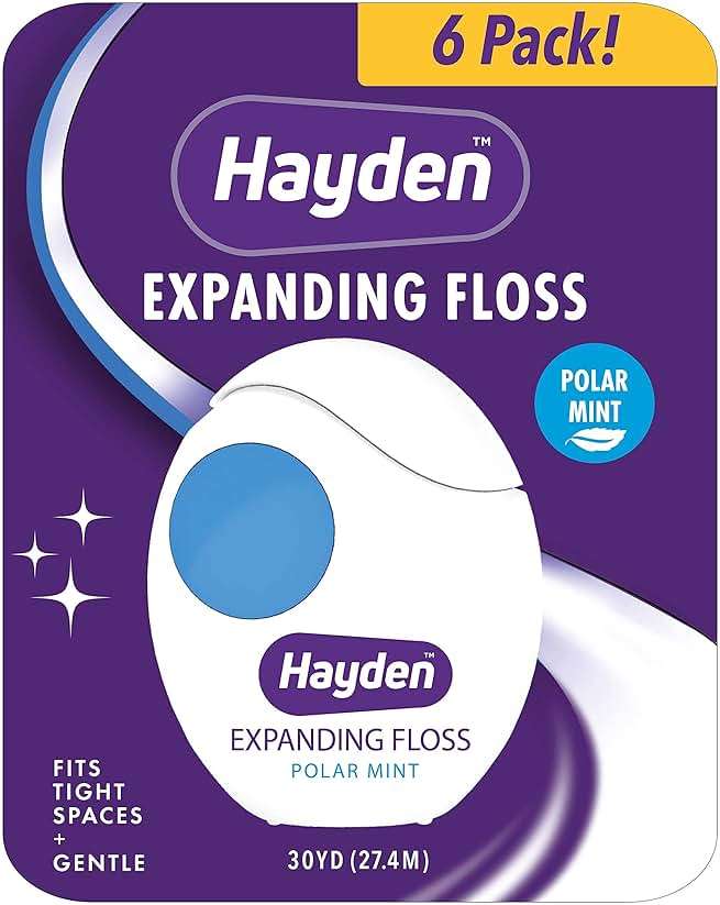 Hayden Expanding Dental Floss. Expands To Clean Between Tight Teeth. 6 Pack Value. Fresh Feeling Polar Mint Woven Floss. Anti Tartar Actives for Gentle Care. 180 Yards. Expandable Clean. PFA Free. - Image 1