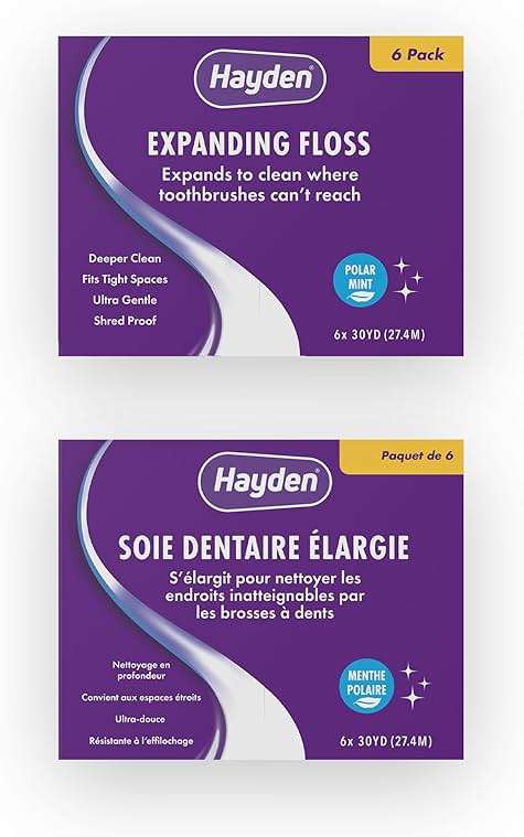 Hayden Expanding Dental Floss. Expands To Clean Between Tight Teeth. 6 Pack Value. Fresh Feeling Polar Mint Woven Floss. Anti Tartar Actives for Gentle Care. 180 Yards. Expandable Clean. PFA Free. - Image 8