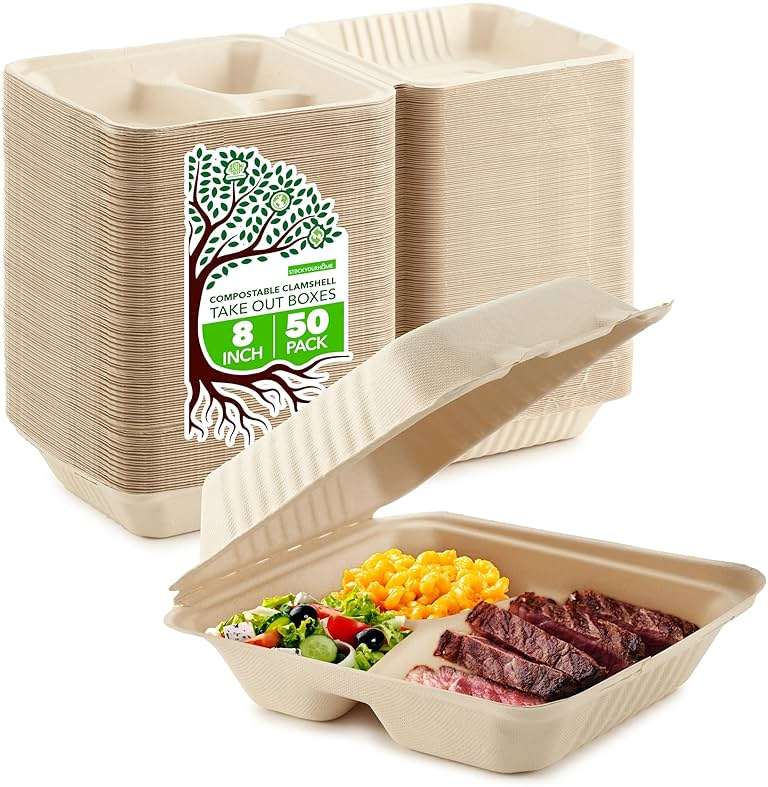 Clamshell Take Out Food Containers 8 x 8 (50 Pack) 3-Compartment, Disposable To Go Container, Togo Boxes With Lids, Trays for Lunch, Dinner, Meal-Prep, Eco Friendly, Compostable, Biodegradable - Image 1