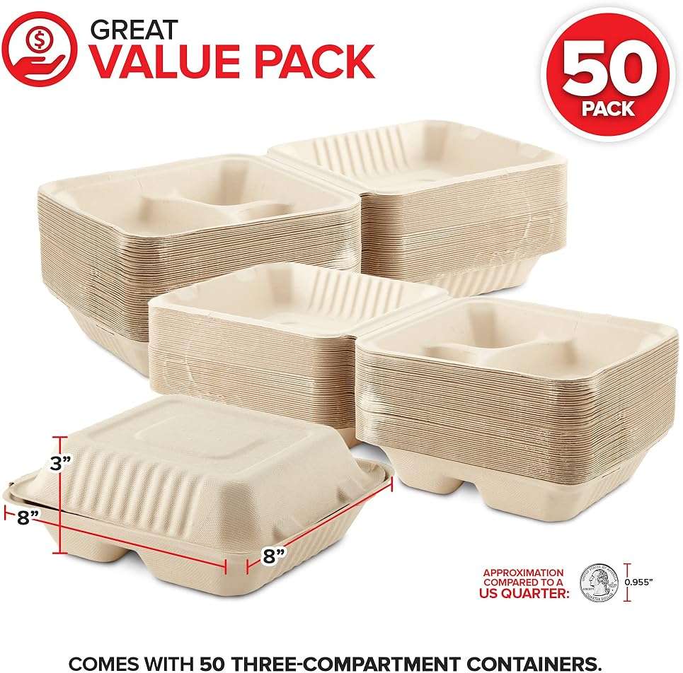 Clamshell Take Out Food Containers 8 x 8 (50 Pack) 3-Compartment, Disposable To Go Container, Togo Boxes With Lids, Trays for Lunch, Dinner, Meal-Prep, Eco Friendly, Compostable, Biodegradable - Image 2