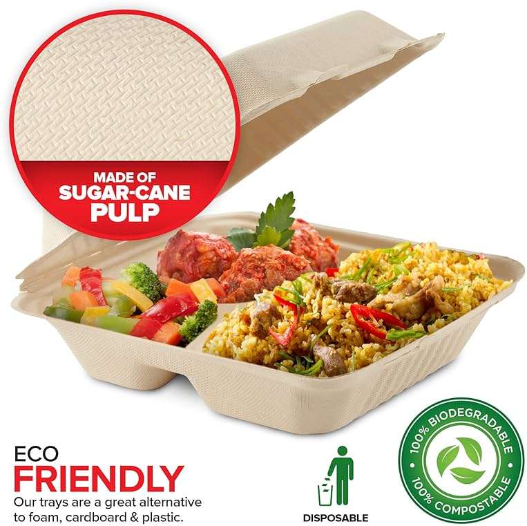 Clamshell Take Out Food Containers 8 x 8 (50 Pack) 3-Compartment, Disposable To Go Container, Togo Boxes With Lids, Trays for Lunch, Dinner, Meal-Prep, Eco Friendly, Compostable, Biodegradable - Image 3