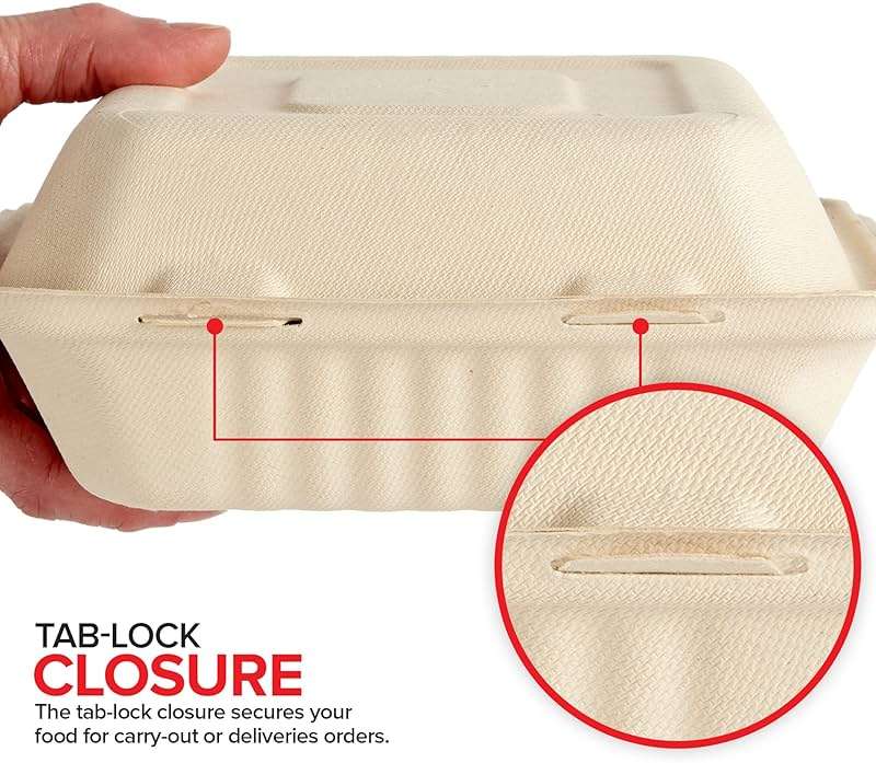 Clamshell Take Out Food Containers 8 x 8 (50 Pack) 3-Compartment, Disposable To Go Container, Togo Boxes With Lids, Trays for Lunch, Dinner, Meal-Prep, Eco Friendly, Compostable, Biodegradable - Image 4