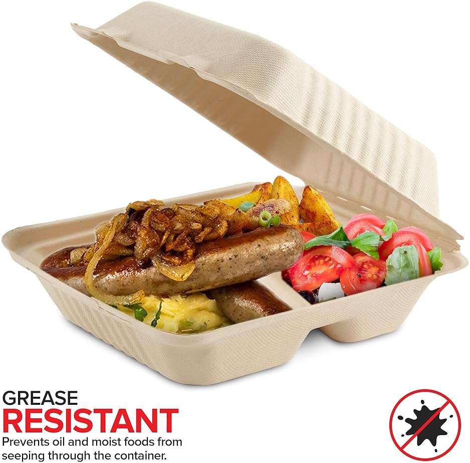 Clamshell Take Out Food Containers 8 x 8 (50 Pack) 3-Compartment, Disposable To Go Container, Togo Boxes With Lids, Trays for Lunch, Dinner, Meal-Prep, Eco Friendly, Compostable, Biodegradable - Image 5