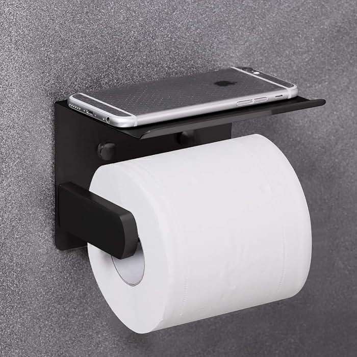 VAEHOLD Self Adhesive Toilet Paper Holder with Phone Shelf Stainless Steel Wall Mounted Toilet Paper Roll Holder - Rustproof and Bathroom Washroom Tissue Roll Holder with Shelf - Black - Image 2