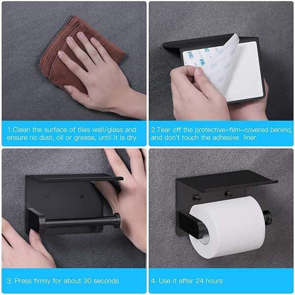 VAEHOLD Self Adhesive Toilet Paper Holder with Phone Shelf Stainless Steel Wall Mounted Toilet Paper Roll Holder - Rustproof and Bathroom Washroom Tissue Roll Holder with Shelf - Black - Image 5