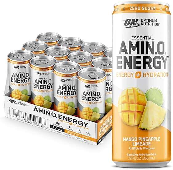Optimum Nutrition Amino Energy Sparkling Hydration Drink, Electrolytes, Caffeine, Amino Acids, BCAAs, Sugar Free, Mango Pineapple Limeade, 12 Fl Oz, 12 Pack (Packaging May Vary) - Image 1