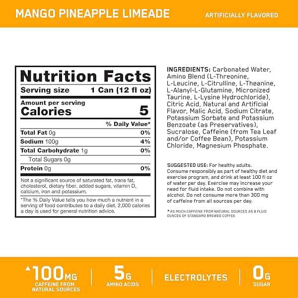 Optimum Nutrition Amino Energy Sparkling Hydration Drink, Electrolytes, Caffeine, Amino Acids, BCAAs, Sugar Free, Mango Pineapple Limeade, 12 Fl Oz, 12 Pack (Packaging May Vary) - Image 2
