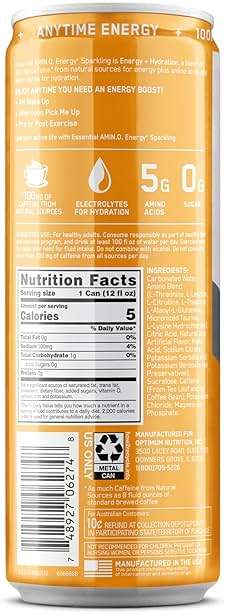 Optimum Nutrition Amino Energy Sparkling Hydration Drink, Electrolytes, Caffeine, Amino Acids, BCAAs, Sugar Free, Mango Pineapple Limeade, 12 Fl Oz, 12 Pack (Packaging May Vary) - Image 9