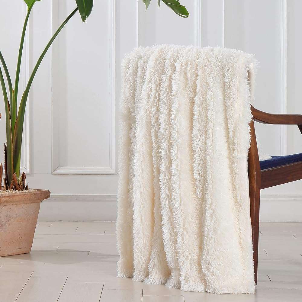 Tuddrom Decorative Extra Soft Fuzzy Faux Fur Throw Blanket 50" x 60",Solid Reversible Long Hair Shaggy Blanket,Fluffy Cozy Plush Comfy Microfiber Fleece Blankets for Couch Sofa Bedroom,Cream White - Image 5