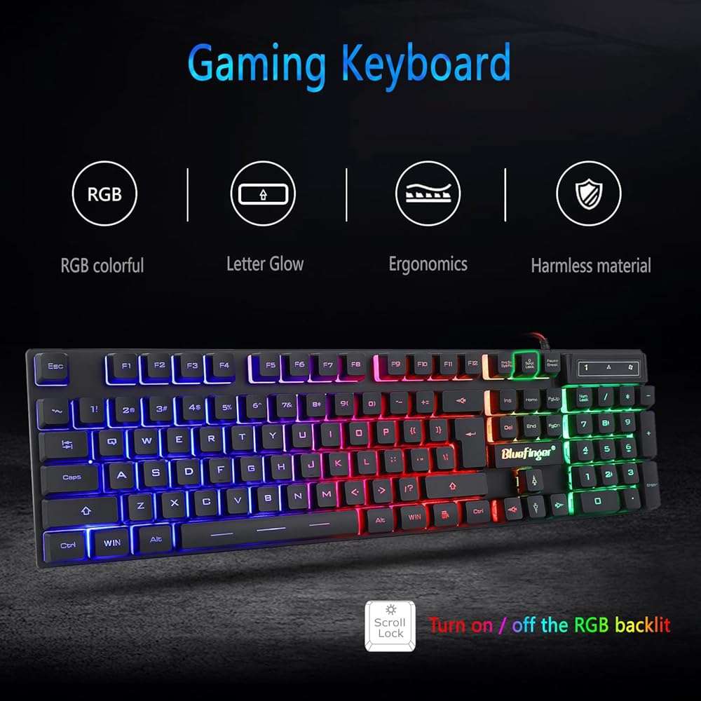 BlueFinger RGB Gaming Keyboard and Backlit Mouse Combo, USB Wired, LED Gaming Set for Laptop PC Computer Game and Work - Image 3