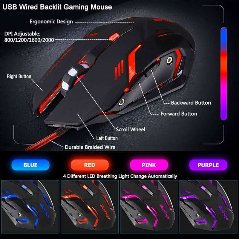 BlueFinger RGB Gaming Keyboard and Backlit Mouse Combo, USB Wired, LED Gaming Set for Laptop PC Computer Game and Work - Image 6