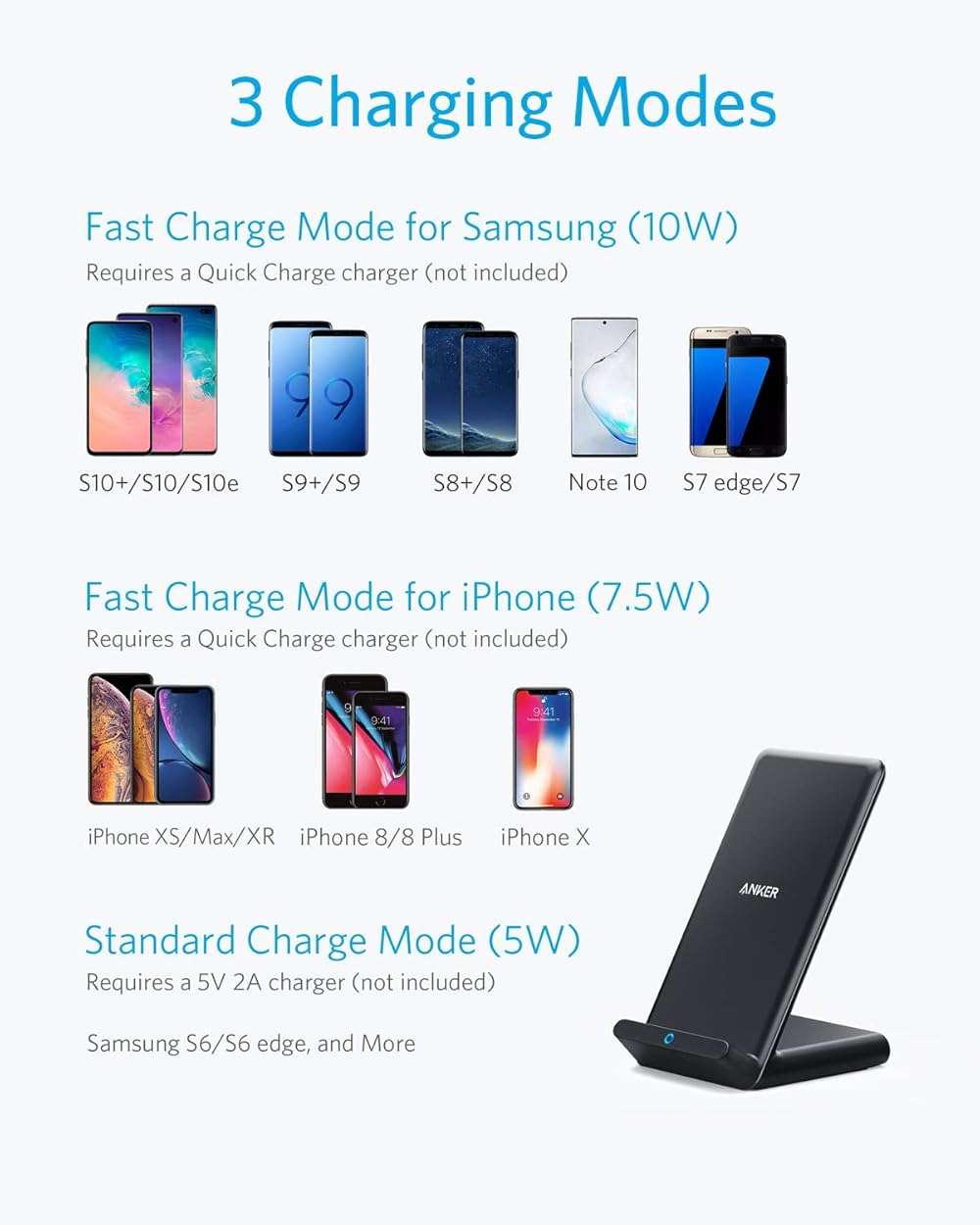 Anker 313 Wireless Charger (Stand), Qi-Certified for iPhone 15/14 / 13/12 / 11 / X / 8, 10W Max for Galaxy S23 / S22 / S21, Micro-USB (Black, 2-Pack, 9V / 2A Adapter Required, Not Included) - Image 2