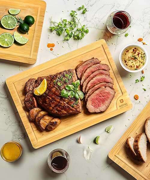 ROYAL CRAFT WOOD Wooden Cutting Boards for Kitchen Meal Prep & Serving - Bamboo Wood Serving Board Set with Deep Juice Groove Side Handles - Charcuterie & Chopping Butcher Block for Meat - Image 2
