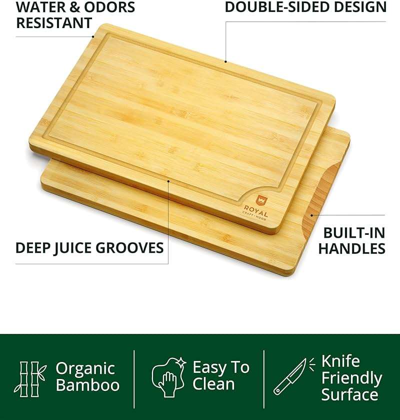 ROYAL CRAFT WOOD Wooden Cutting Boards for Kitchen Meal Prep & Serving - Bamboo Wood Serving Board Set with Deep Juice Groove Side Handles - Charcuterie & Chopping Butcher Block for Meat - Image 3