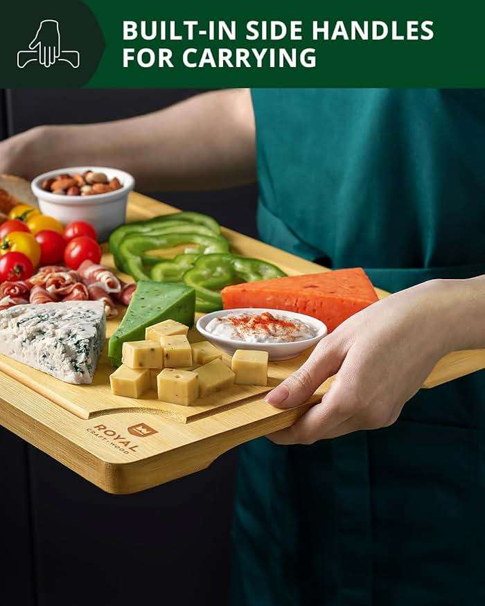 ROYAL CRAFT WOOD Wooden Cutting Boards for Kitchen Meal Prep & Serving - Bamboo Wood Serving Board Set with Deep Juice Groove Side Handles - Charcuterie & Chopping Butcher Block for Meat - Image 6