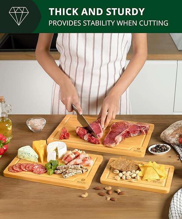 ROYAL CRAFT WOOD Wooden Cutting Boards for Kitchen Meal Prep & Serving - Bamboo Wood Serving Board Set with Deep Juice Groove Side Handles - Charcuterie & Chopping Butcher Block for Meat - Image 7