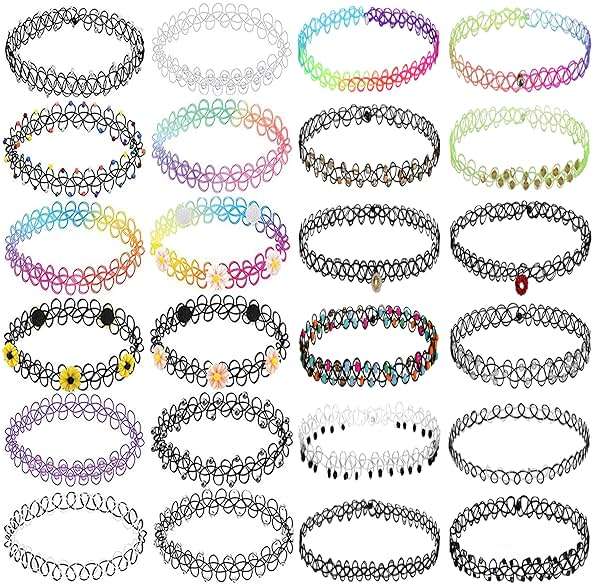 BodyJ4You 24PC Tattoo Choker Necklace - 90s Choker Necklaces Y2K Fashion Trendy Vintage - Daisy Flower Charm Colorful Rainbow Black Goth Pendant - Stretchy Elastic Necklace Summer Gift Set - Image 1