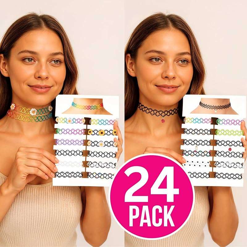 BodyJ4You 24PC Tattoo Choker Necklace - 90s Choker Necklaces Y2K Fashion Trendy Vintage - Daisy Flower Charm Colorful Rainbow Black Goth Pendant - Stretchy Elastic Necklace Summer Gift Set - Image 2