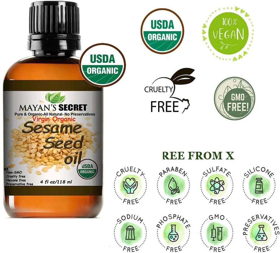 Mayan’s Secret Organic Sesame Oil - Cold Pressed, Unrefined, Hexane-Free and Organic Sesame Seed Oil for Skin, Body, Face & Hair – 100% Pure - Amber Glass Bottle, 4 fl. oz. - USDA Certified - Image 2