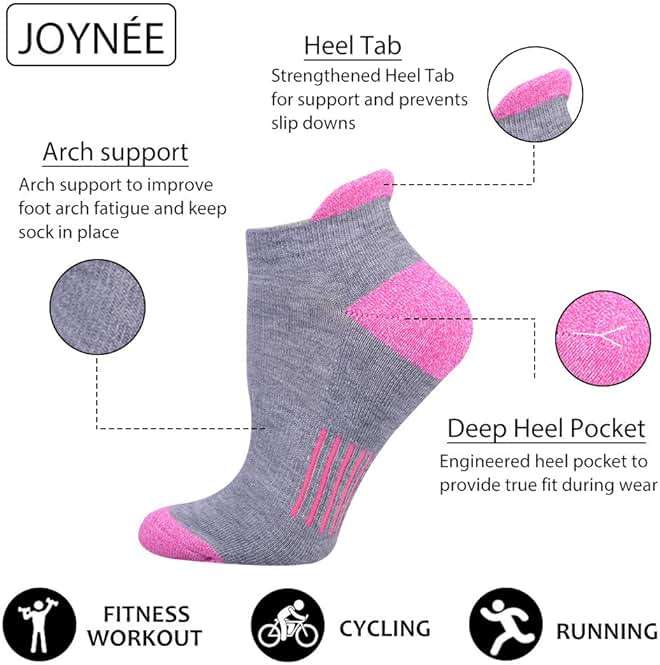 JOYNÉE Womens Ankle Athletic Low Cut Tab Socks Cushioned Running Sports 6 Pack - Image 2