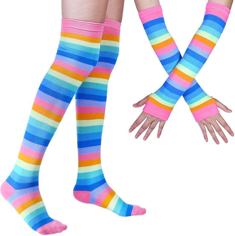 Chalier Womens Rainbow Socks Striped Knee High Socks Arm Warmer Fingerless Gloves Set - Image 1
