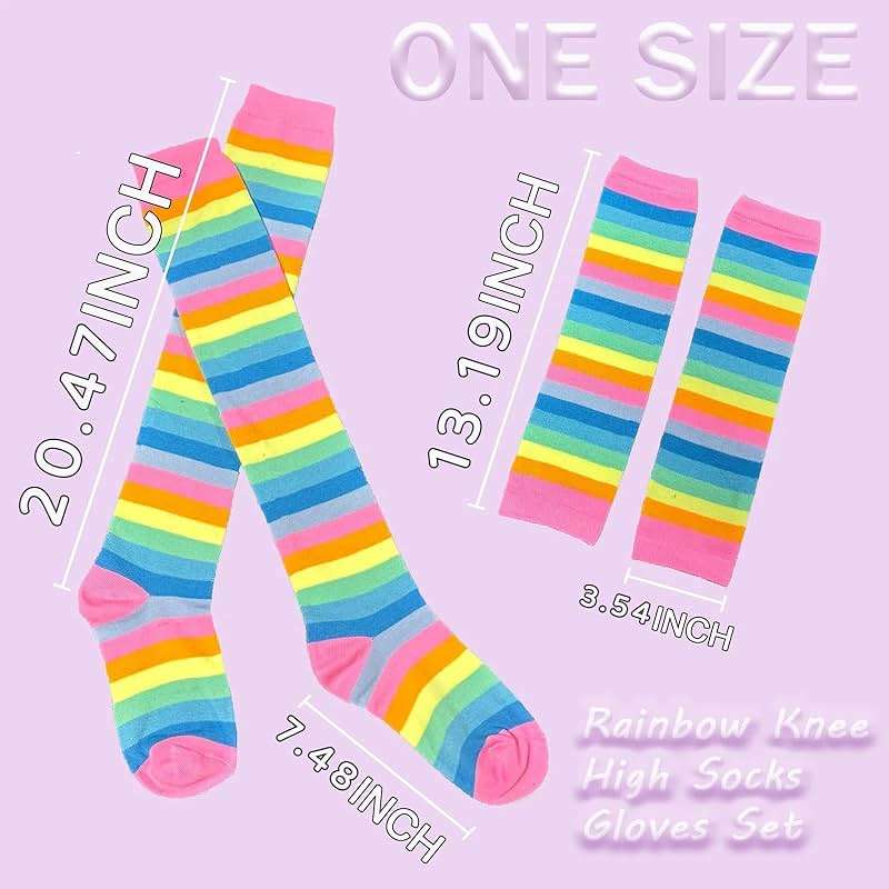 Chalier Womens Rainbow Socks Striped Knee High Socks Arm Warmer Fingerless Gloves Set - Image 2