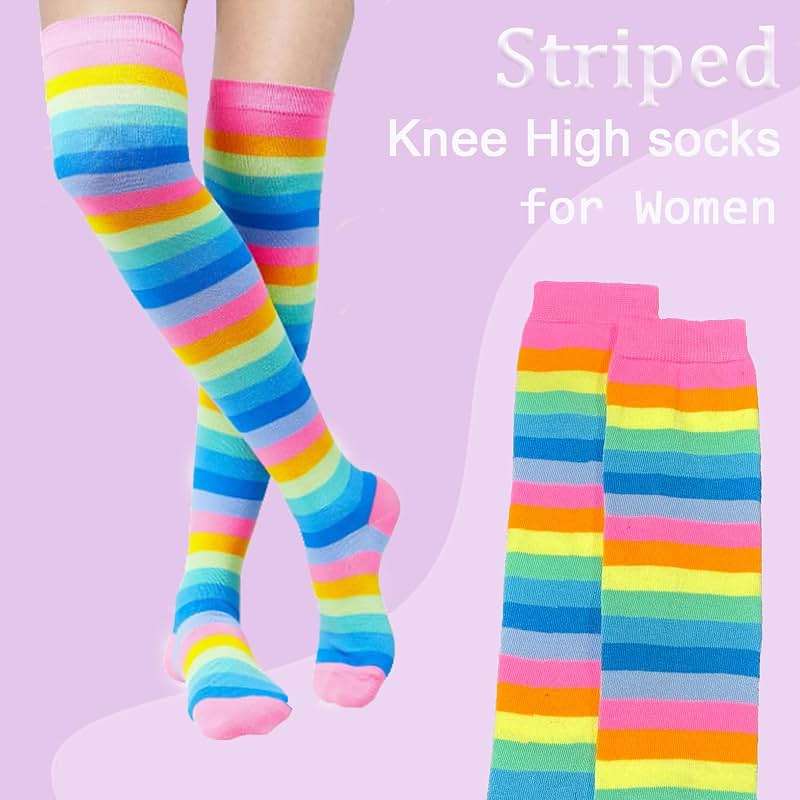 Chalier Womens Rainbow Socks Striped Knee High Socks Arm Warmer Fingerless Gloves Set - Image 3