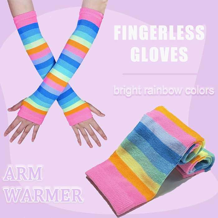 Chalier Womens Rainbow Socks Striped Knee High Socks Arm Warmer Fingerless Gloves Set - Image 4