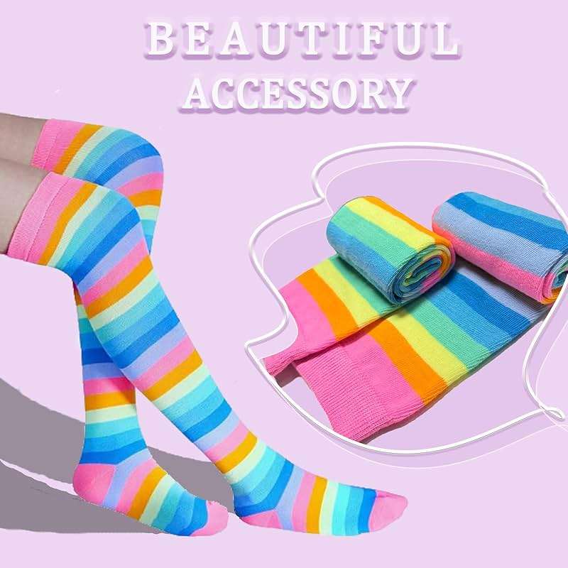 Chalier Womens Rainbow Socks Striped Knee High Socks Arm Warmer Fingerless Gloves Set - Image 6