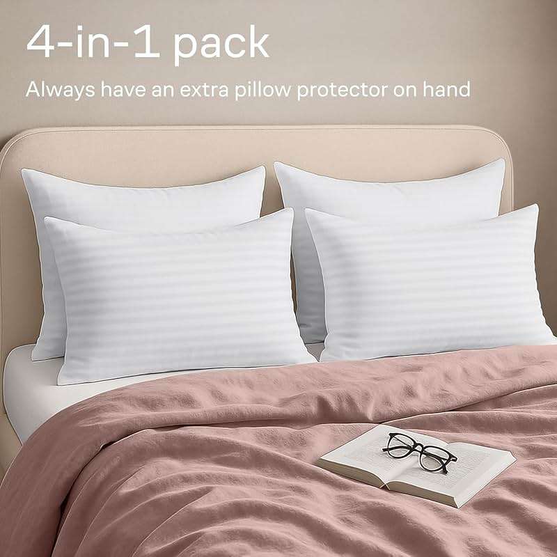 Ultra Soft Pillow Protectors with Zipper Standard Size - Set of 4 Breathable Pillow Covers - 100% Protection Against Stains, Dust & Dirt - Machine Washable (Dark White) - Image 4