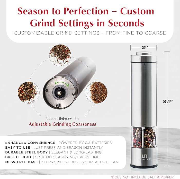 Electric Salt and Pepper Grinder Set - Battery Operated Stainless Steel Mill with Light (2 Mills) - Automatic One Handed Operation - Electronic Adjustable Shakers - Ceramic Grinders - Image 3
