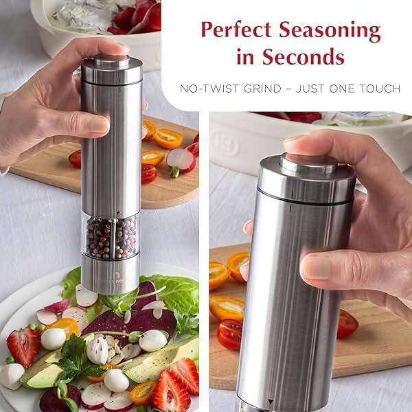 Electric Salt and Pepper Grinder Set - Battery Operated Stainless Steel Mill with Light (2 Mills) - Automatic One Handed Operation - Electronic Adjustable Shakers - Ceramic Grinders - Image 4