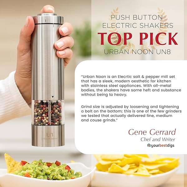 Electric Salt and Pepper Grinder Set - Battery Operated Stainless Steel Mill with Light (2 Mills) - Automatic One Handed Operation - Electronic Adjustable Shakers - Ceramic Grinders - Image 5