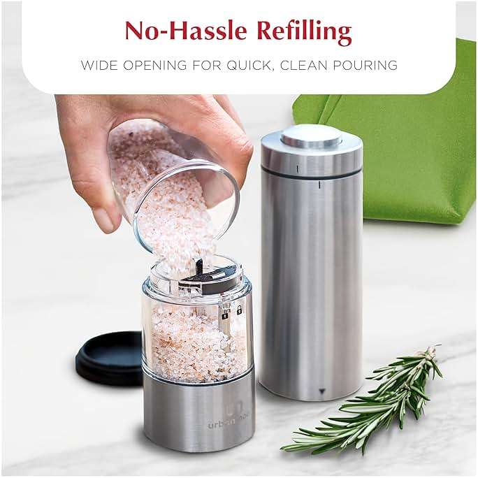 Electric Salt and Pepper Grinder Set - Battery Operated Stainless Steel Mill with Light (2 Mills) - Automatic One Handed Operation - Electronic Adjustable Shakers - Ceramic Grinders - Image 6