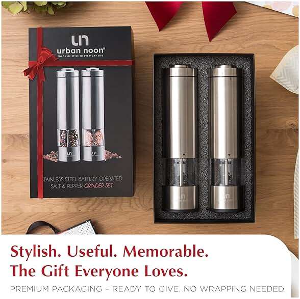 Electric Salt and Pepper Grinder Set - Battery Operated Stainless Steel Mill with Light (2 Mills) - Automatic One Handed Operation - Electronic Adjustable Shakers - Ceramic Grinders - Image 7