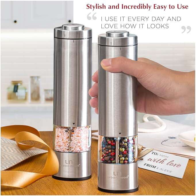 Electric Salt and Pepper Grinder Set - Battery Operated Stainless Steel Mill with Light (2 Mills) - Automatic One Handed Operation - Electronic Adjustable Shakers - Ceramic Grinders - Image 8