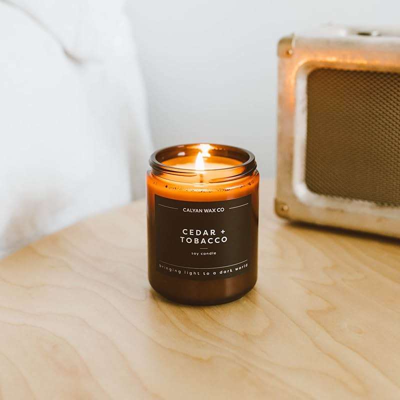 Calyan Wax Co. Cedar & Tobacco Scented Candle - 57 Hour Burn - Luxury Clean Soy Wax Candles - Long Lasting Amber Glass Jar Candle for Home - 7.2oz - Image 8