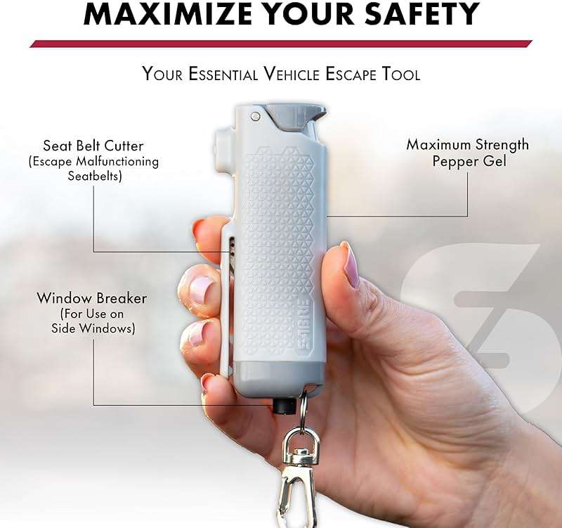 SABRE Safe Escape 3-in-1 Pepper Gel with Seat Belt Cutter & Window Breaker, Maximum Strength Pepper Spray, 3X Longer Spray Time - Up to 10 Seconds, 0.54 fl oz, Snap-Clip Keychain, Fast Flip Top Safety - Image 3