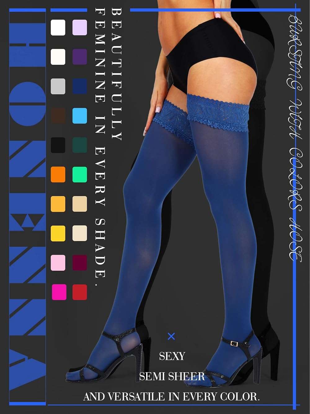 HONENNA Semi Sheer Stay Up Lingerie Thigh High Stockings Lace Top Size A-F - Image 2