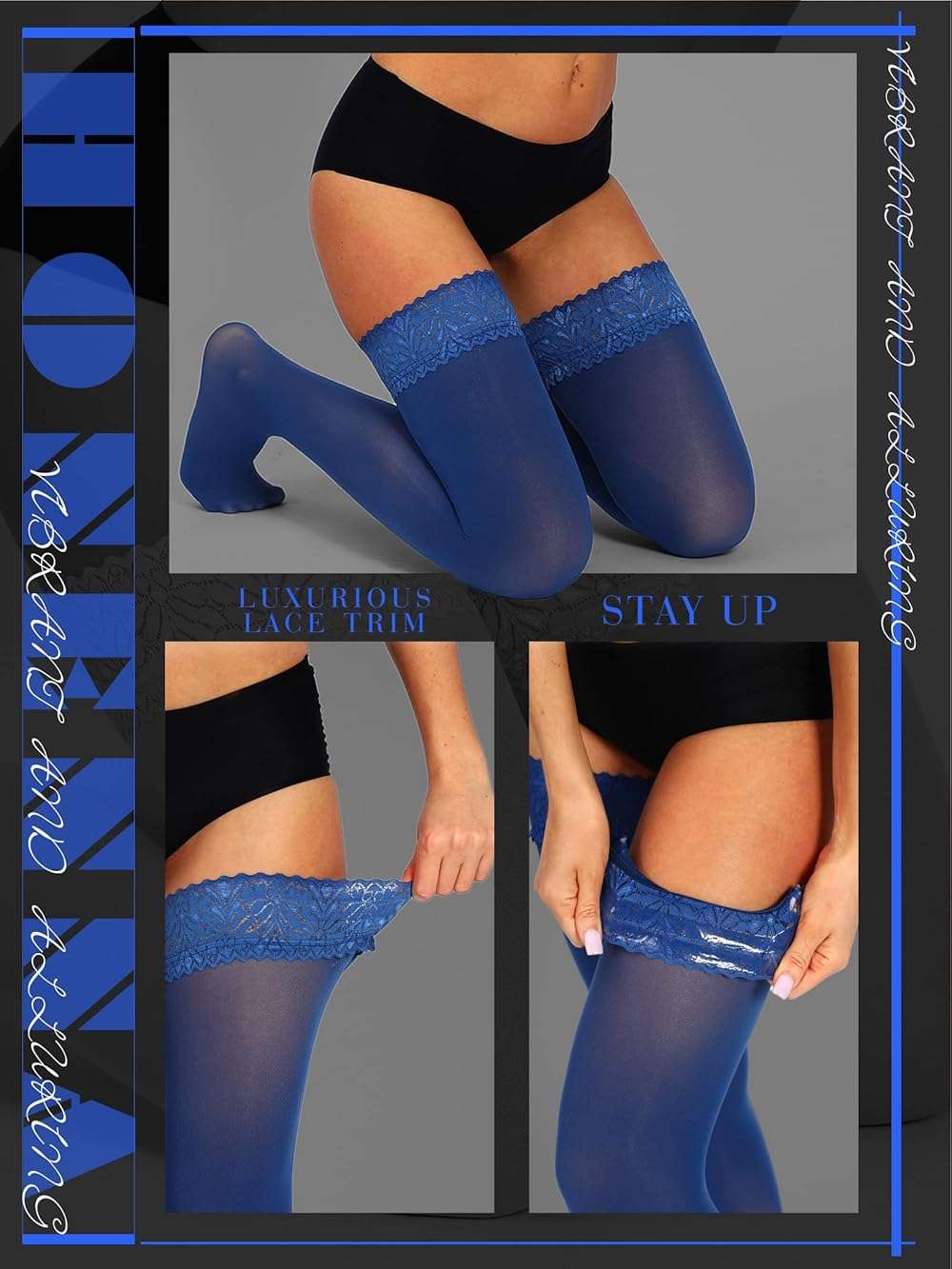 HONENNA Semi Sheer Stay Up Lingerie Thigh High Stockings Lace Top Size A-F - Image 4