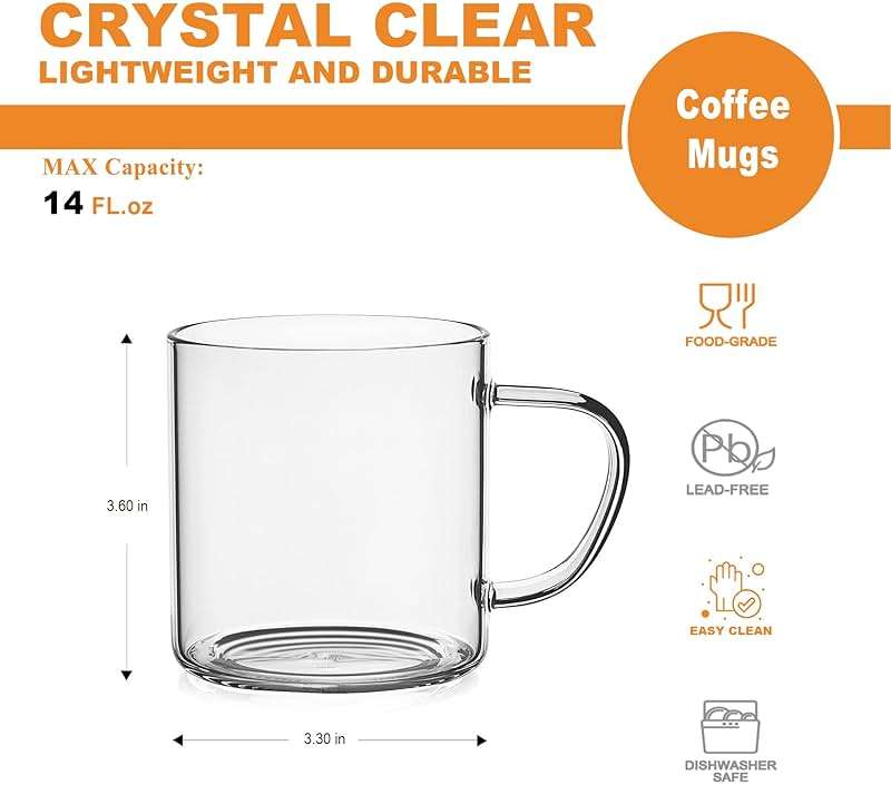 LUXU Glass Coffee Mugs Set of 4,14 oz Clear Coffee Cups,Hand Blown&Seamless Design,Heat Resistant and Explosion-Proof,Lightweight Tea Mugs with Anti Scald Handle Ideal for Home,Cafe - Image 3