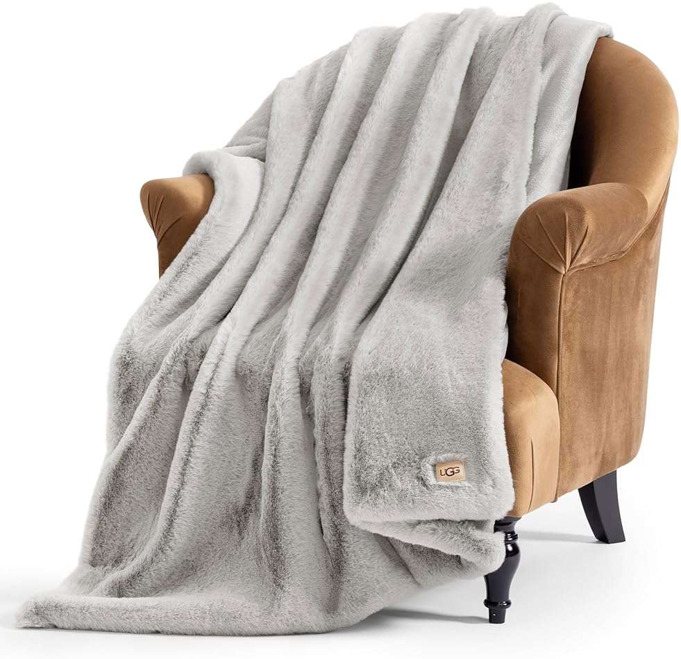 UGG Euphoria Faux Fur Throw Blanket, Oversized Warm Throw for Couch or Chair, Luxury Bedroom Decor, Cozy Soft Blankets, Machine Washable, 50-inch x 70-inch, Seal Grey - Image 1
